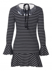 Black Women's Casual Striped Round Neck Flare Sleeve Slim Mini Dress