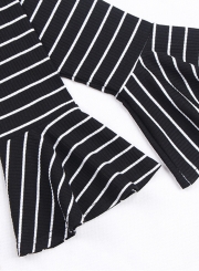Black Women's Casual Striped Round Neck Flare Sleeve Slim Mini Dress