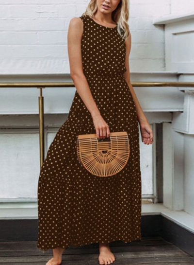 Coffee Sleeveless Round Neck Elastic Waist Polka Dot Maxi Dress LEXELFASHIONINTSHOPS.com