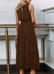 Coffee Sleeveless Round Neck Elastic Waist Polka Dot Maxi Dress