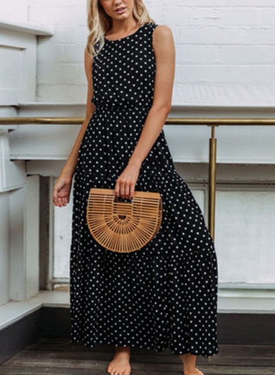 Black Sleeveless Round Neck Elastic Waist Polka Dot Maxi Dress