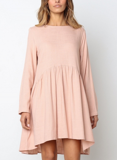 Pink Round Neck Long Sleeve High Low Loose Pleated Mini Dress With Pockets LEXELFASHIONINTSHOPS.com