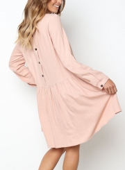 Pink Round Neck Long Sleeve High Low Loose Pleated Mini Dress With Pockets