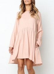 Pink Round Neck Long Sleeve High Low Loose Pleated Mini Dress With Pockets