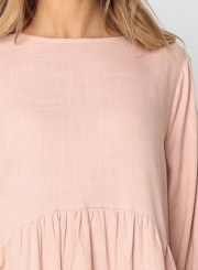 Pink Round Neck Long Sleeve High Low Loose Pleated Mini Dress With Pockets