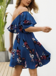 Blue Women's Sexy Boho Floral Printed One Shoulder Elastic Waist Midi Dress