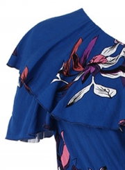 Blue Women's Sexy Boho Floral Printed One Shoulder Elastic Waist Midi Dress