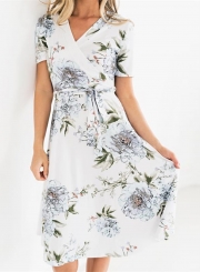 Short Sleeve Wrap Waist Tie Slim Floral Dress