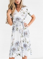 Short Sleeve Wrap Waist Tie Slim Floral Dress