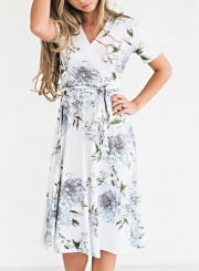 Short Sleeve Wrap Waist Tie Slim Floral Dress