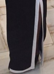Black V Neck Half Sleeve Slit Striped Trim Slim Maxi Dress