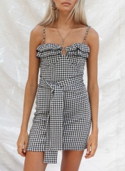 Black Plaid Spaghetti Strap Waist Bow Tie Mini Dress