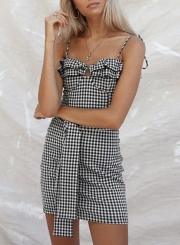 Black Plaid Spaghetti Strap Waist Bow Tie Mini Dress