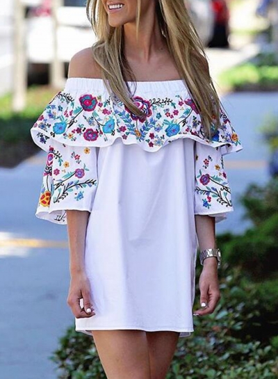 White Floral Print Off Shoulder Loose Dress