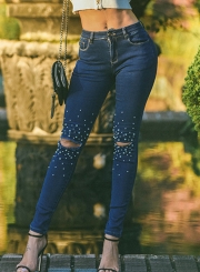 Casual High Waist Ripped Knee Beading Skinny Denim Jeans