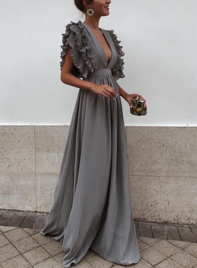 Grey V Neck Flying Sleeve Maxi party Dress LEXELFASHIONINTSHOPS.com