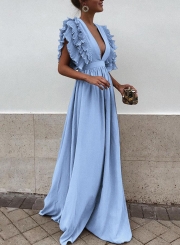 Blue V Neck Flying Sleeve Maxi party Dress