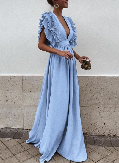 Blue V Neck Flying Sleeve Maxi party Dress YOUYOUFASHIONEC.com