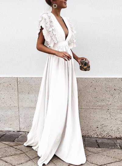 White V Neck Flying Sleeve Maxi Evening Dress YOUYOUFASHIONEC.com