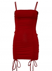 Red Ruched Double Spaghetti Strap Mini Dress