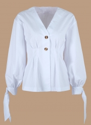 White V Neck Long Sleeve Slim Cotton Office Blouse With Button