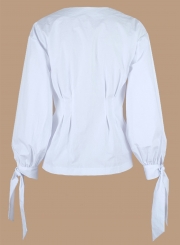 White V Neck Long Sleeve Slim Cotton Office Blouse With Button