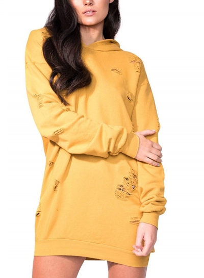 Yellow Women's Casual Ripped Long Sleeve Loose Solid Color Long Hoodie STYLESIMO.com