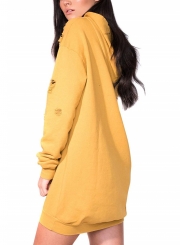 Yellow Women's Casual Ripped Long Sleeve Loose Solid Color Long Hoodie