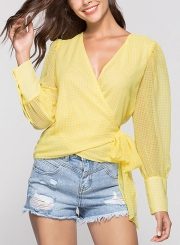 Yellow Casual V Neck Long Sleeve Wrap Waist Tie Loose Plaid Blouse