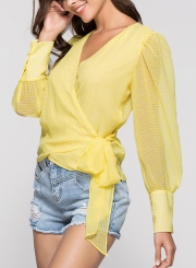 Yellow Casual V Neck Long Sleeve Wrap Waist Tie Loose Plaid Blouse