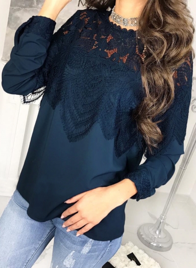 Blue Casual Lace Hollow Out Round Neck Long Sleeve Loose Pullover Blouse