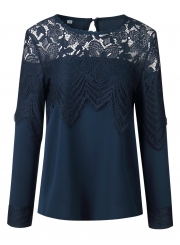 Blue Casual Lace Hollow Out Round Neck Long Sleeve Loose Pullover Blouse