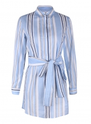 Light Blue Striped Turn-Down Collar Long Sleeve Waist Tie Button Down Mini Dress