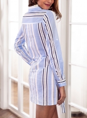 Light Blue Striped Turn-Down Collar Long Sleeve Waist Tie Button Down Mini Dress