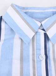 Light Blue Striped Turn-Down Collar Long Sleeve Waist Tie Button Down Mini Dress