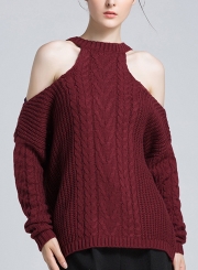 Burgundy Women's Off Shoulder Round Neck Long Sleeve Loose Solid Color Sweater