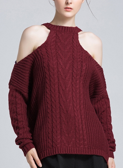 Burgundy Women's Off Shoulder Round Neck Long Sleeve Loose Solid Color Sweater YOUYOUFASHIONEC.com