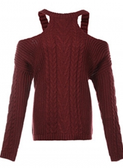 Burgundy Women's Off Shoulder Round Neck Long Sleeve Loose Solid Color Sweater