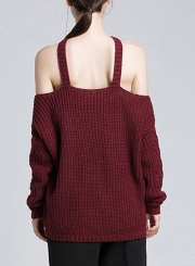 Burgundy Women's Off Shoulder Round Neck Long Sleeve Loose Solid Color Sweater