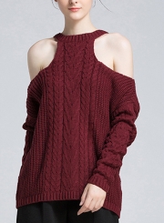 Burgundy Women's Off Shoulder Round Neck Long Sleeve Loose Solid Color Sweater