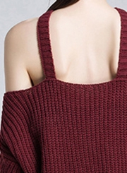 Burgundy Women's Off Shoulder Round Neck Long Sleeve Loose Solid Color Sweater