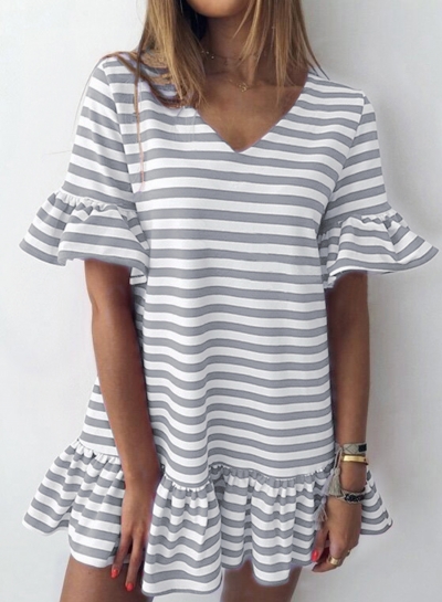 Grey Striped V Neck Flounce Sleeve Loose Ruffle Mini Dress LZDINTECOMMERCE.com