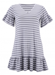 Grey Striped V Neck Flounce Sleeve Loose Ruffle Mini Dress