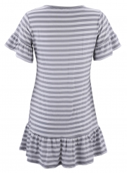 Grey Striped V Neck Flounce Sleeve Loose Ruffle Mini Dress