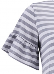 Grey Striped V Neck Flounce Sleeve Loose Ruffle Mini Dress