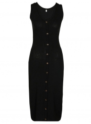 Black Fashion V Neck Sleeveless Single-Breasted Solid Slim Tank Dress
