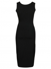 Black Fashion V Neck Sleeveless Single-Breasted Solid Slim Tank Dress