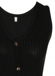 Black Fashion V Neck Sleeveless Single-Breasted Solid Slim Tank Dress