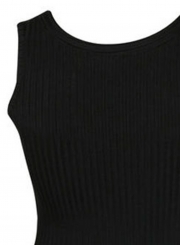 Black Fashion V Neck Sleeveless Single-Breasted Solid Slim Tank Dress