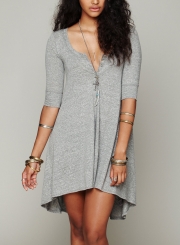 Grey Concise Solid Irregular Half Sleeve Round Neck Women Dress With Buttons